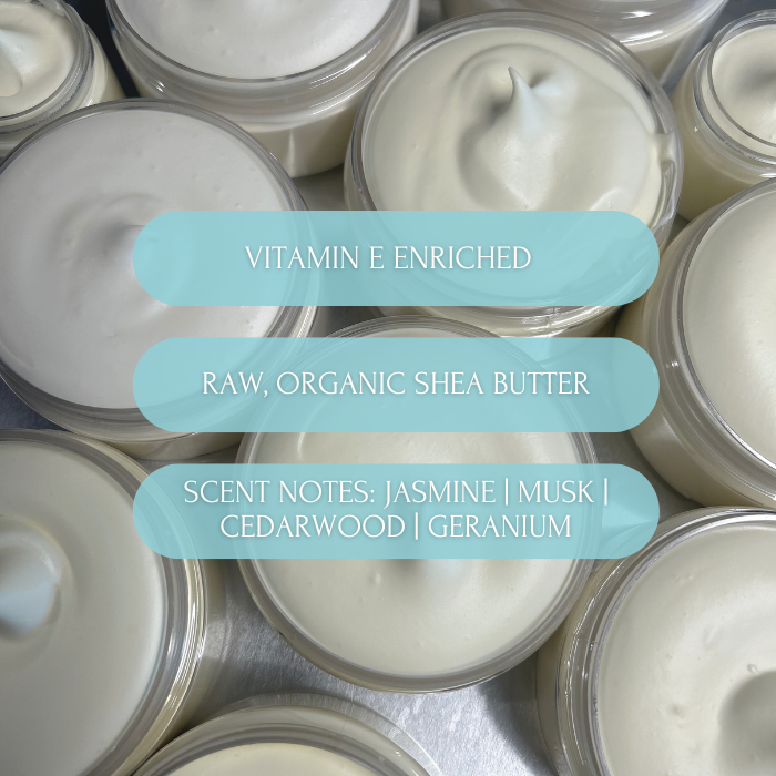 Jars of cream with text highlighting ingredients and scents.