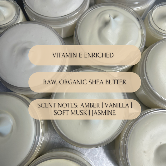 Fabyoulife Cashmere Whipped Body Butter — vitamin E enriched, raw organic shea butter with amber, vanilla, soft musk and jasmine scent notes, shown in multiple open clear jars