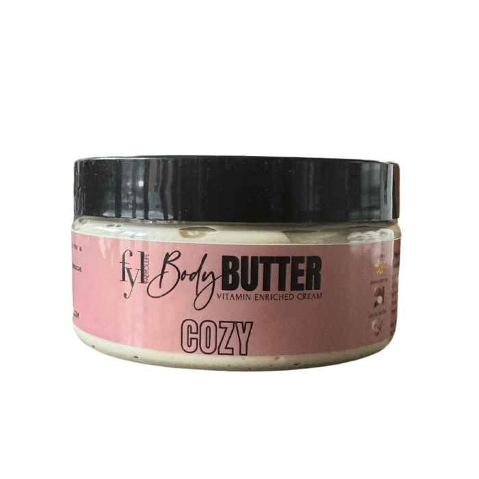 cozy body butter made with organic shea butter, cocoa butter, mango butter and pure vitamin e. soften skin. soothe inflammation from eczema.