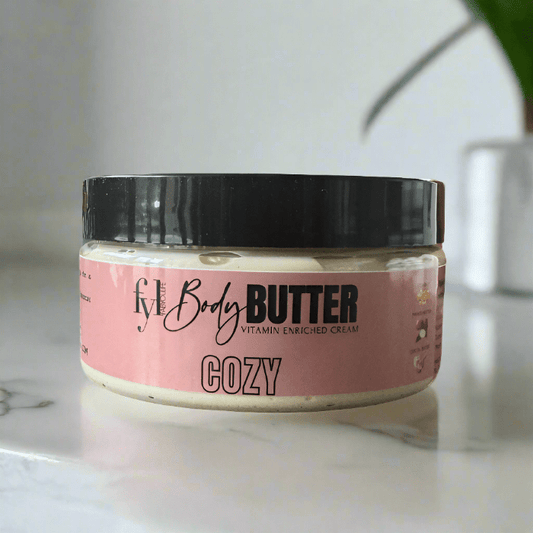 cozy body butter made with organic shea butter, cocoa butter, mango butter and pure vitamin e. soften skin. soothe inflammation from eczema.