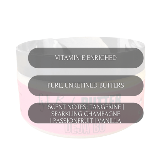 Body butters soften and smoothes skin. Triple butter blend with antioxidants for healthy skin. Best smelling body butter. citrus, passionfruit, champagne, and vanilla notes