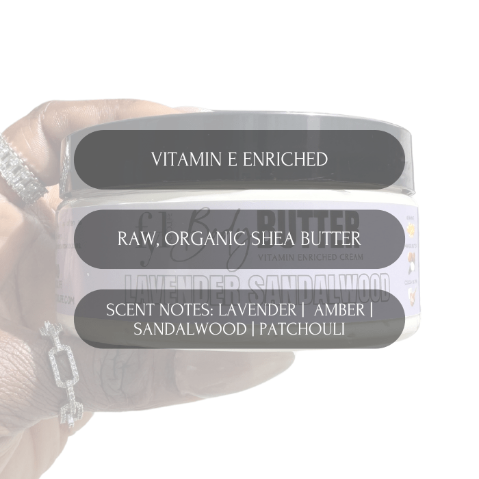 experience ultimate relaxation with our Lavender Sandalwood Body Butter! Enriched with the soothing scents of sweet lavender, golden amber, and forest moss, blended with the exotic allure of smooth sandalwood, cedar, and earthy patchouli, this body butter is your ticket to tranquility.