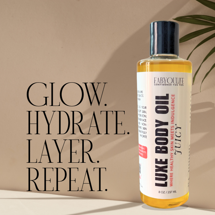 Fabyoulife Juicy Body Oil in clear bottle for luxury skin and scent layering