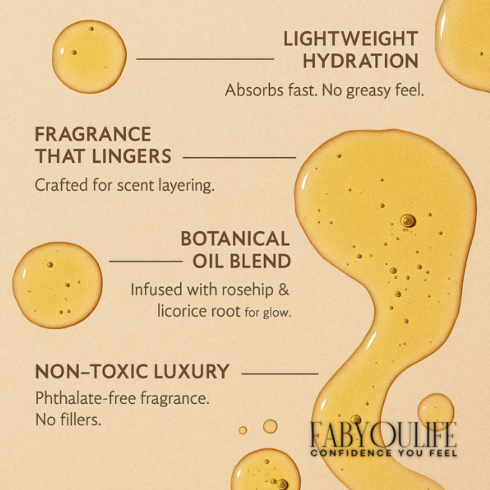 Lightweight hydrating oil for glowing, soft skin. Luxury skin oil for dry, sensitive skin with lasting fragrance