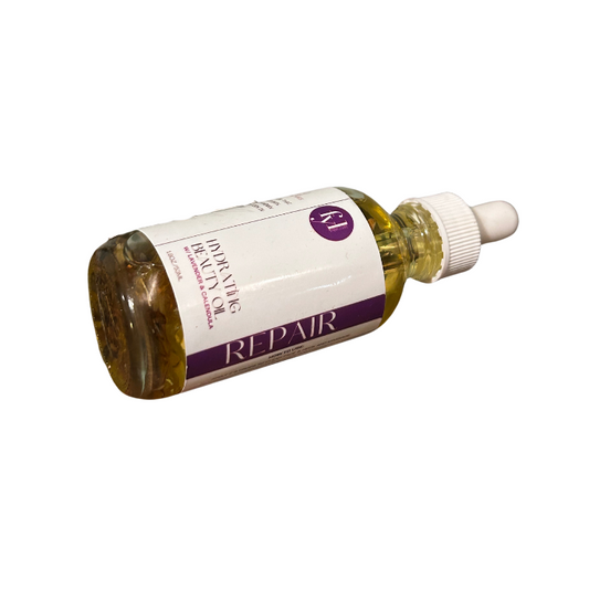 Repair Hydrating Beauty Oil with lavender and calendula in a glass dropper bottle for soothing and repairing sensitive skin.