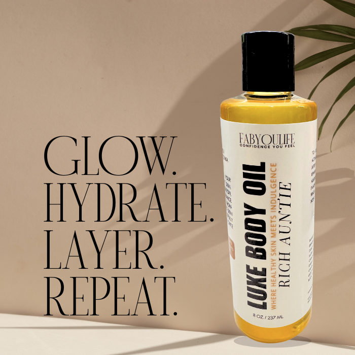 Golden lightweight body oil in clear bottle with warm, radiant finish