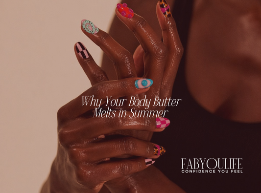 glowing skin with colorful nail art. blog post by Fabyoulife about why body butter melts in summer and what to do about it.