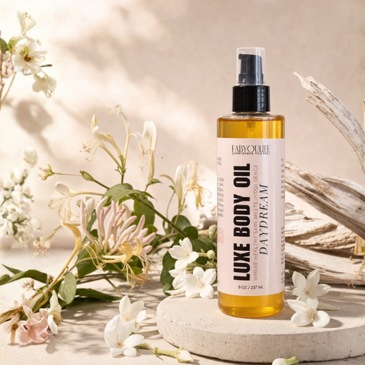 Daydream jasmine and honeysuckle scented body oil displayed with white florals and pale wood.