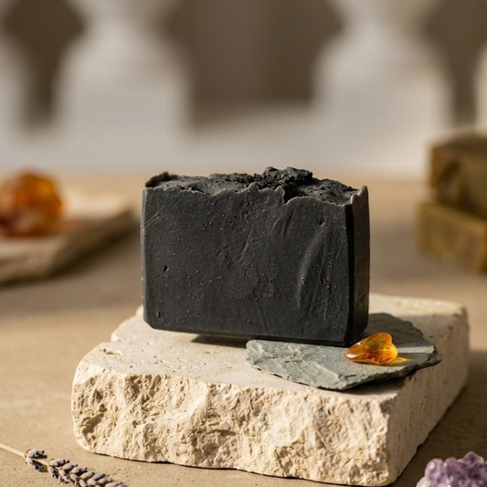 Handmade amber lavender charcoal soap bar with creamy lather for clean, balanced skin
