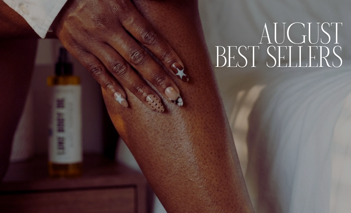 Dark-skinned woman moisturizing her leg with a FABYOULIFE body oil in the background, featuring text that reads “August Best Sellers.”