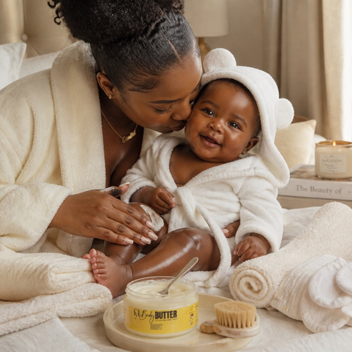 Baby body butter styled on a cozy nursery changing table beside a brown baby wrapped in a towel after bath time.