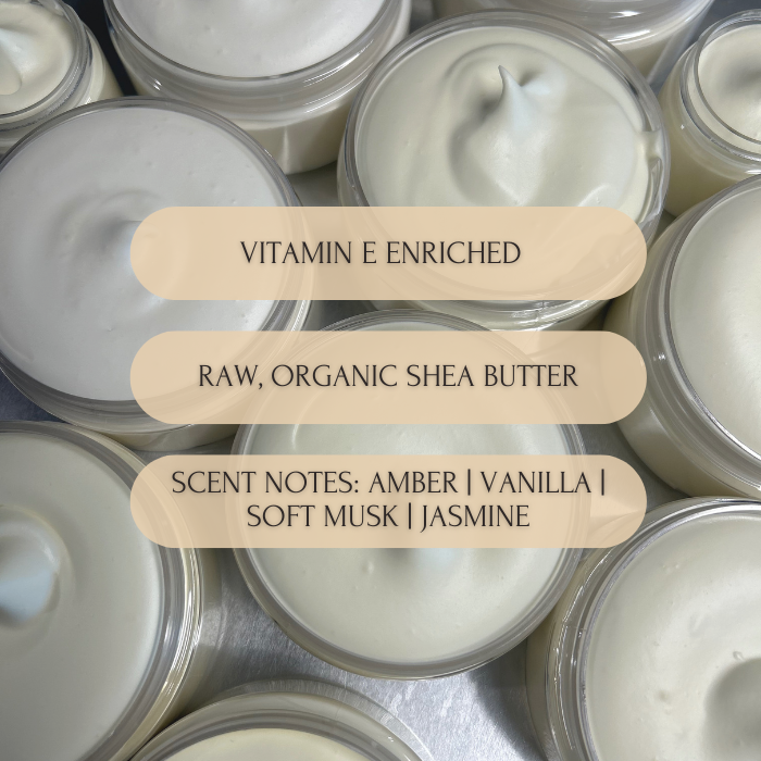 Fabyoulife Cashmere Whipped Body Butter — vitamin E enriched, raw organic shea butter with amber, vanilla, soft musk and jasmine scent notes, shown in multiple open clear jars