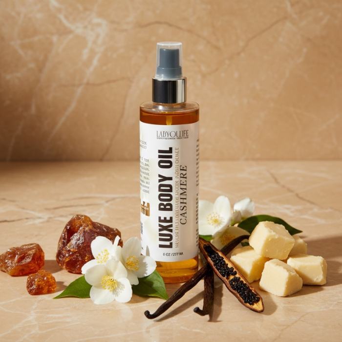Lucky Body Oil bottle with cocoa butter, vanilla beans, and flowers on a beige background