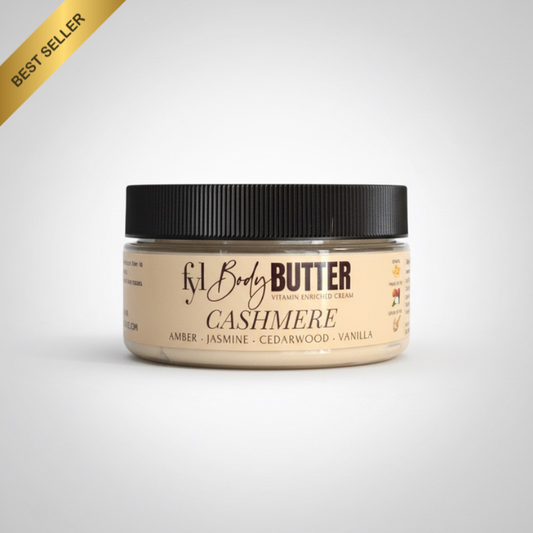 Jar of body butter labeled 'Cashmere' with a black lid on a light gray background.