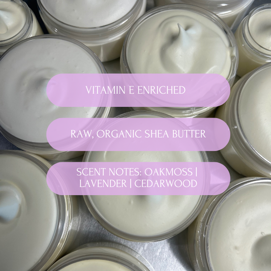 Overhead view of whipped Cedar and Lavender body butter by Fabyoulife showing rich creamy texture. Scented with oakmoss, lavender, and cedarwood.