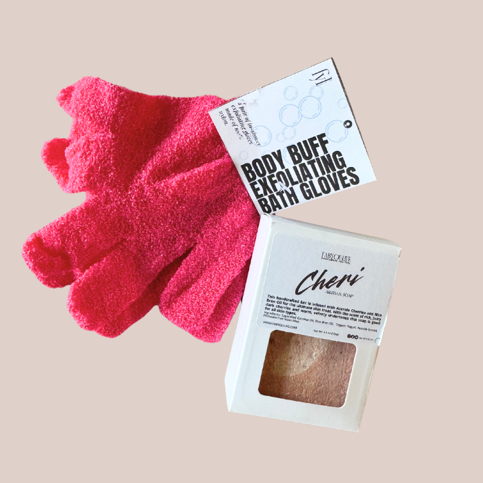 cherry infused soap with exfoliating bath gloves