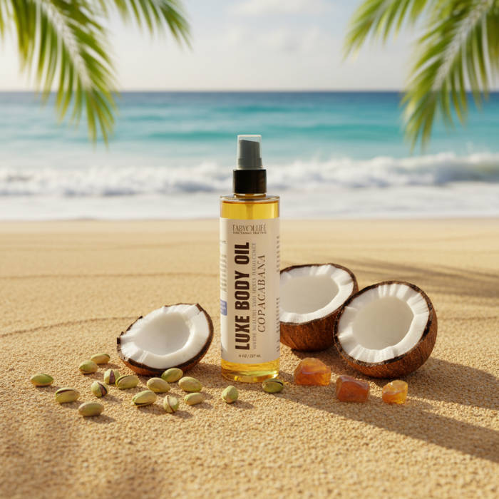 Coconut oil bottle on a sandy beach with coconuts and palm leaves.