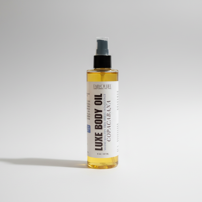 Bottle of Luxe Body Oil with a white label on a gray background