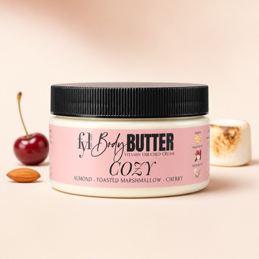 Cozy body butter for dry skin with cherry, toasted almond and marshmallow scent