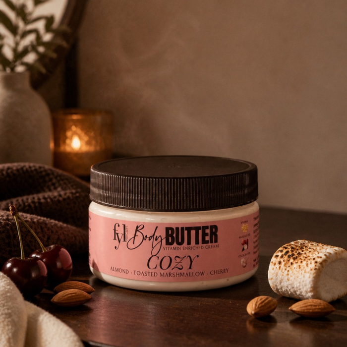 Cozy gourmand body butter with cherry, toasted almond and toasted marshmallow scent notes