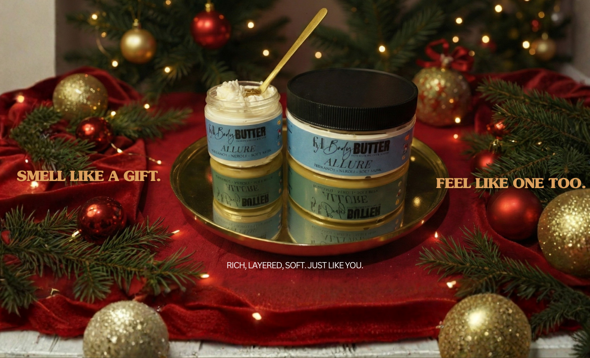 Fabyoulife Allure Body Butter in a festive holiday setup with gold ornaments and velvet. Whipped moisturizer for glowing, soft skin with bergamot, neroli, and soft musk. Allure body butter on a decorative tray with Christmas decorations in the background.