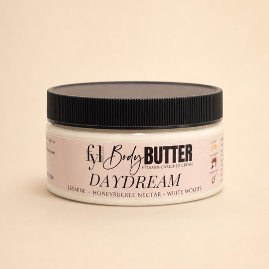 FABYOULIFE Daydream Body Butter for dry skin in a jar with jasmine, honeysuckle nectar and white woods.
