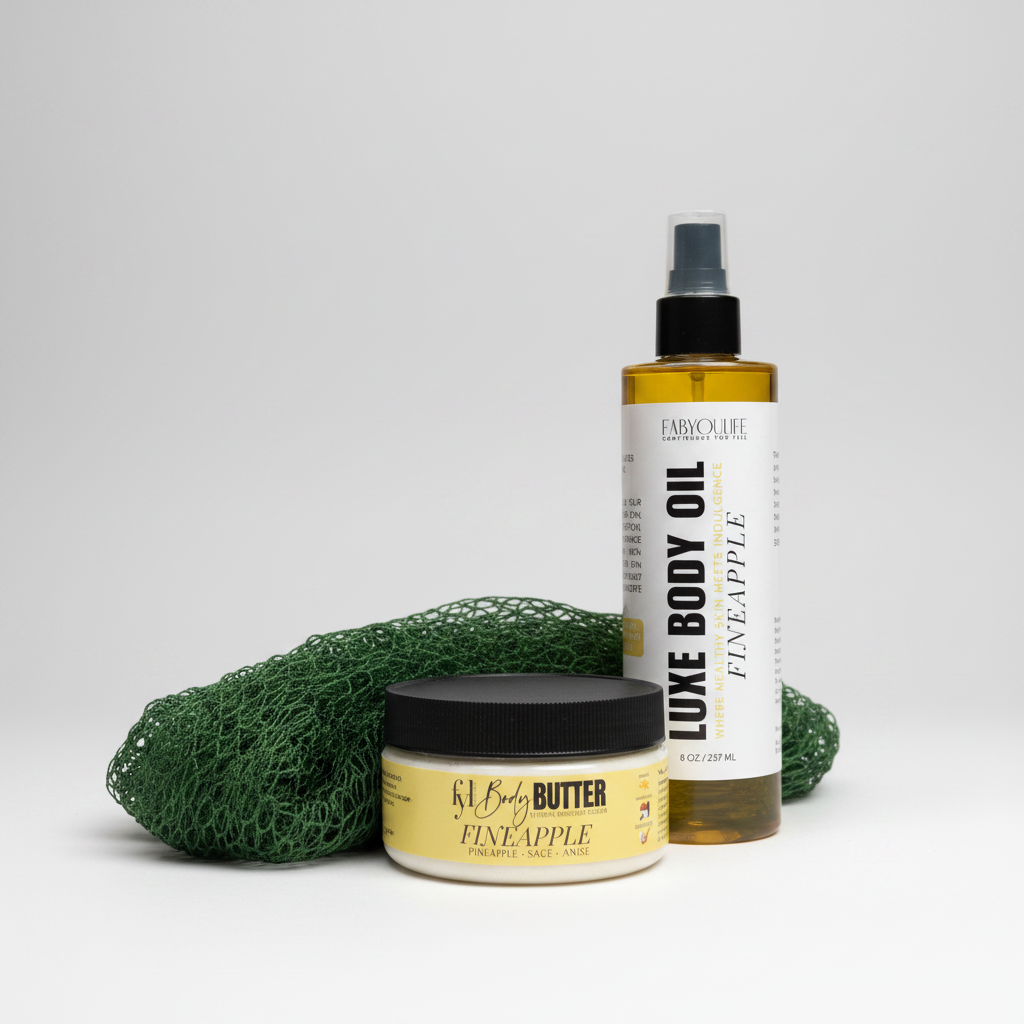 Fabyoulife Fineapple body butter and luxe body oil with a green African net sponge.
