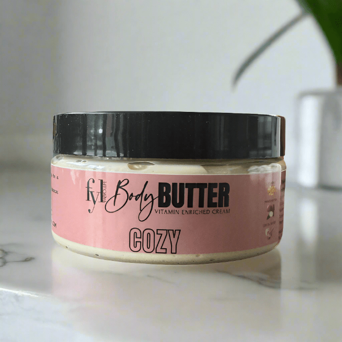 cozy body butter made with organic shea butter, cocoa butter, mango butter and pure vitamin e. soften skin. soothe inflammation from eczema. 
