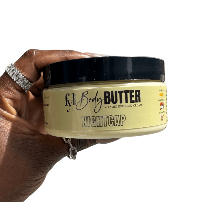 Tranquil body butter with coconut and chamomile, Relaxing skincare with tea leaf and musk notes, Calming bedtime ritual with Nightcap Body Butter, Soothing body moisturizer for peaceful evenings.