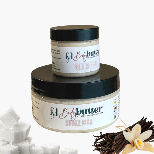 fabyoulife creamy body butter in the scent sugar kiss - warm vanilla bean drizzed with musk and sugar. Body moisturizer for dry skin.