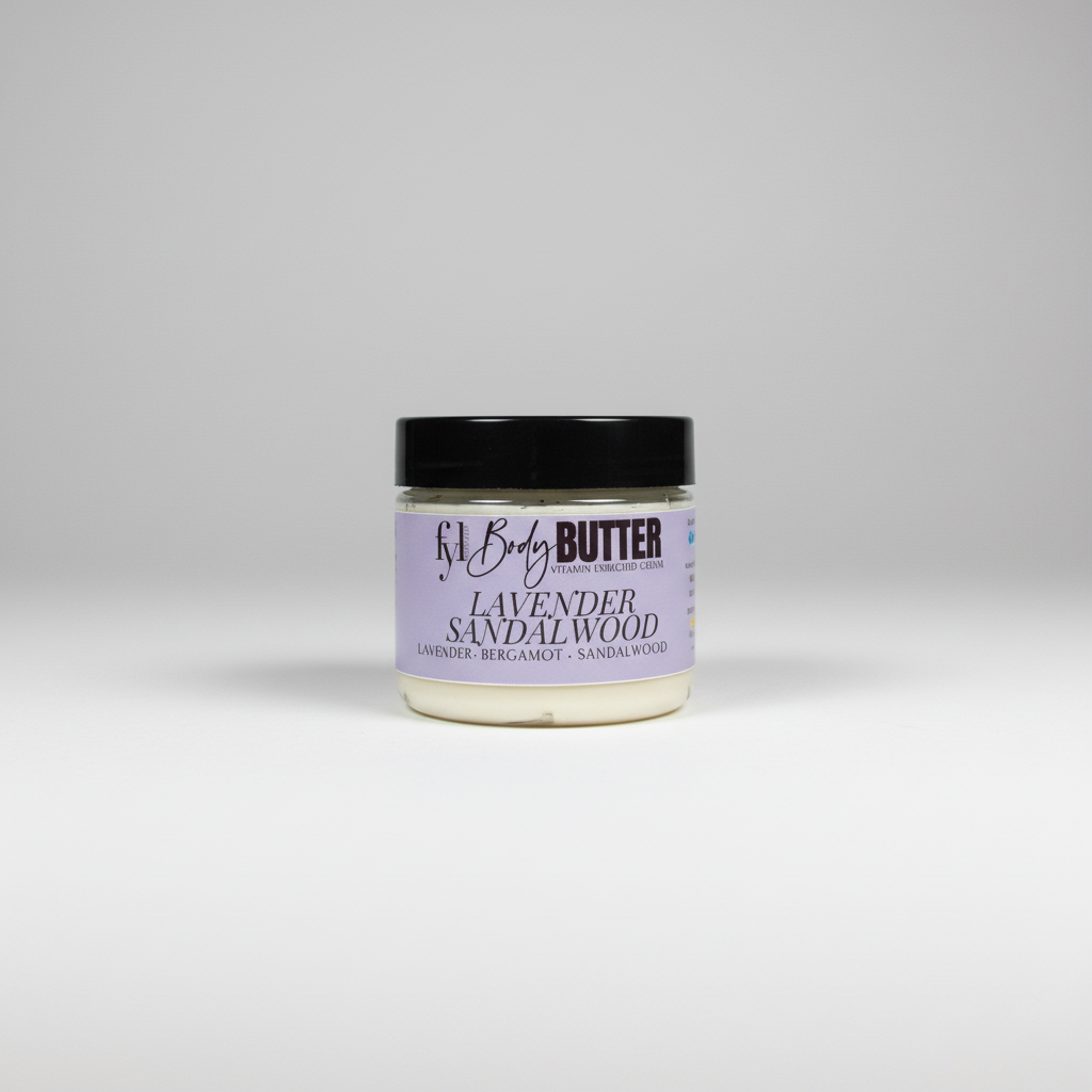 travel size jar of lavender sandalwood body butter with a studio background