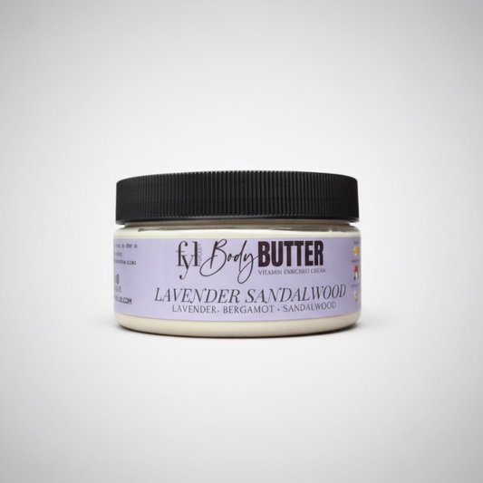 Jar of lavender sandalwood body butter on a white background