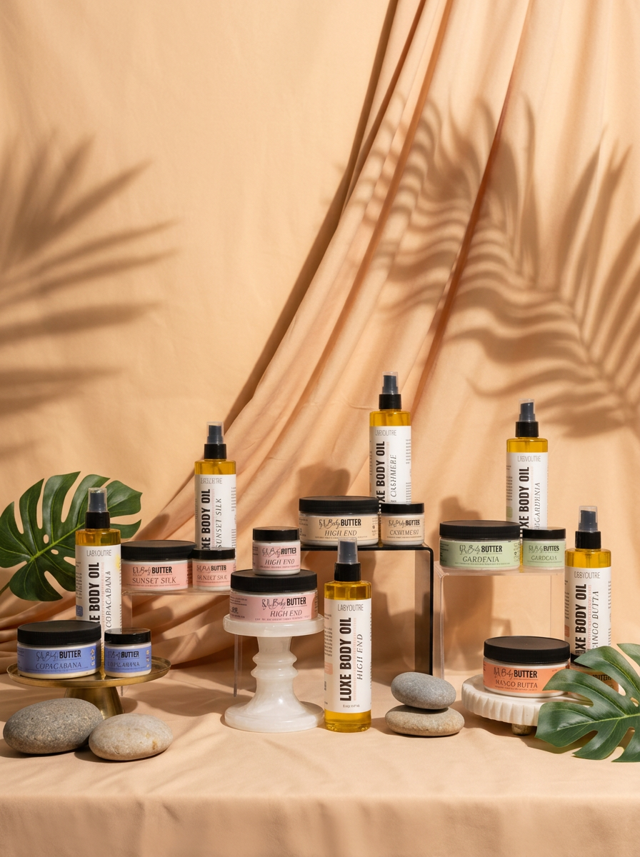 Collection of skincare and hair care products on a beige background with palm leaves.