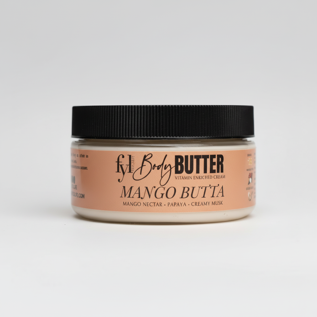 Fabyoulife Mango Butta Whipped Body Butter — tropical scented body butter with mango, papaya and creamy musk in a clear jar with black lid