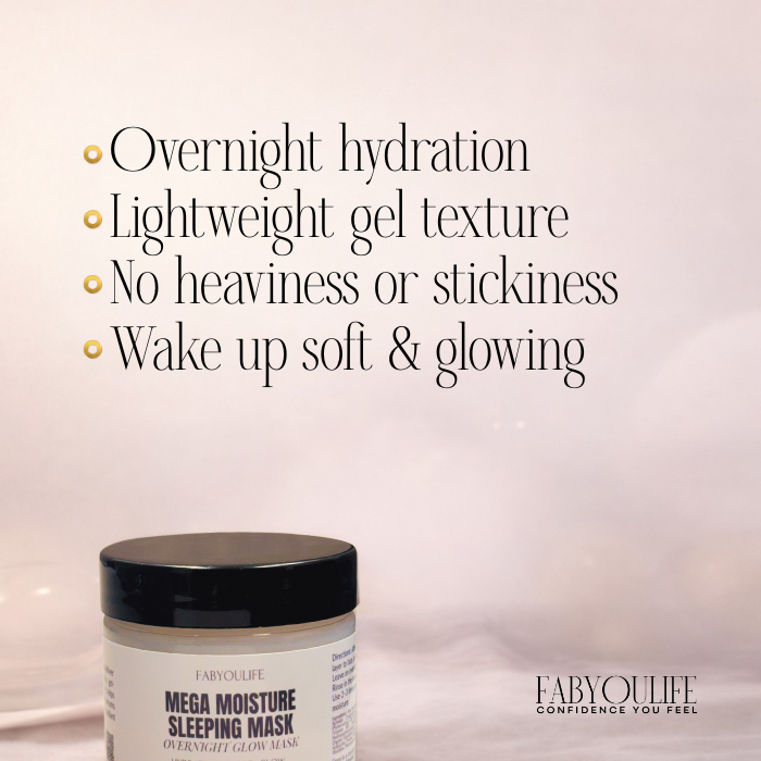 Mega Moisture Sleeping Mask by Fabyoulife with overnight hydration benefits, lightweight gel texture, no stickiness, and soft glowing skin results