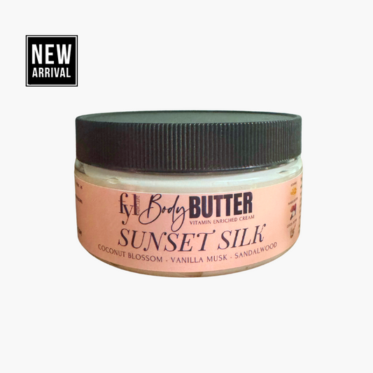 Sunset Silk Body Butter – Hydrating formula with warm coconut blossom and vanilla musk.