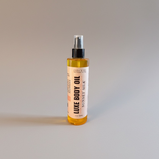 Bottle of Luxe Body Oil with a label on a gray background