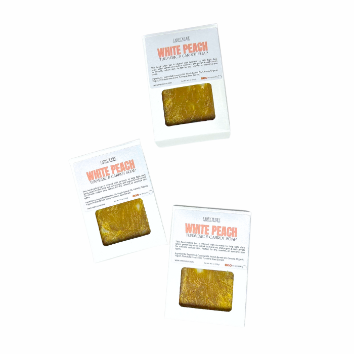 Handmade White Peach Turmeric Soap for dark spots, hyperpigmentation, and glowing skin.