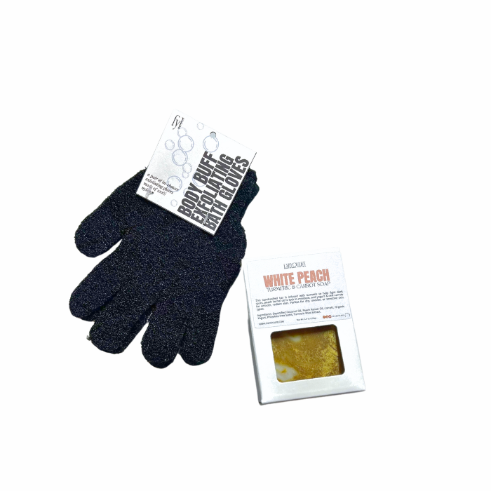 White Peach Turmeric and carrot Soap paired with exfoliating gloves for a deep cleanse and even skin tone.
