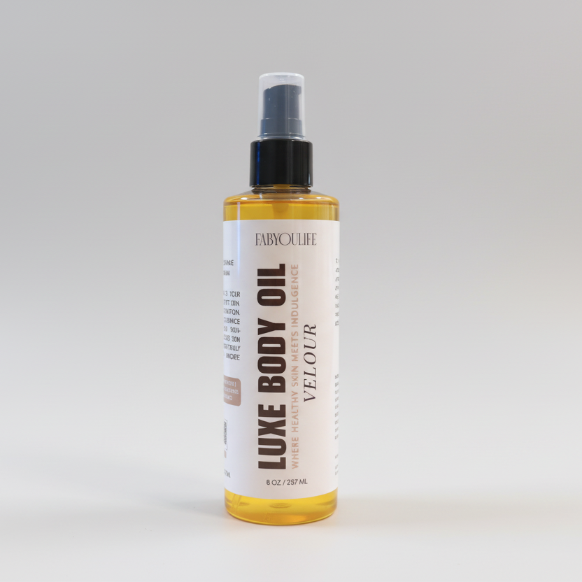 Bottle of Luxe Body Oil on a gray background