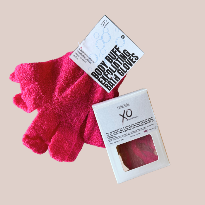 xo Bar Soap with Strawberry Extract & Exfoliating Gloves for Deep Cleansing & Smooth Skin